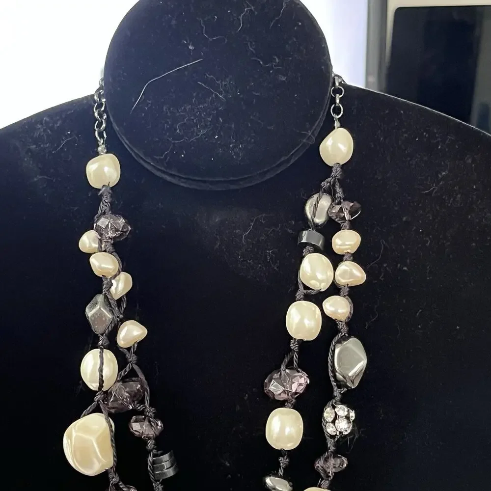 Chico’s Necklace Faux White Gray Pearls Gunmetal Rhinestones Chunky 16